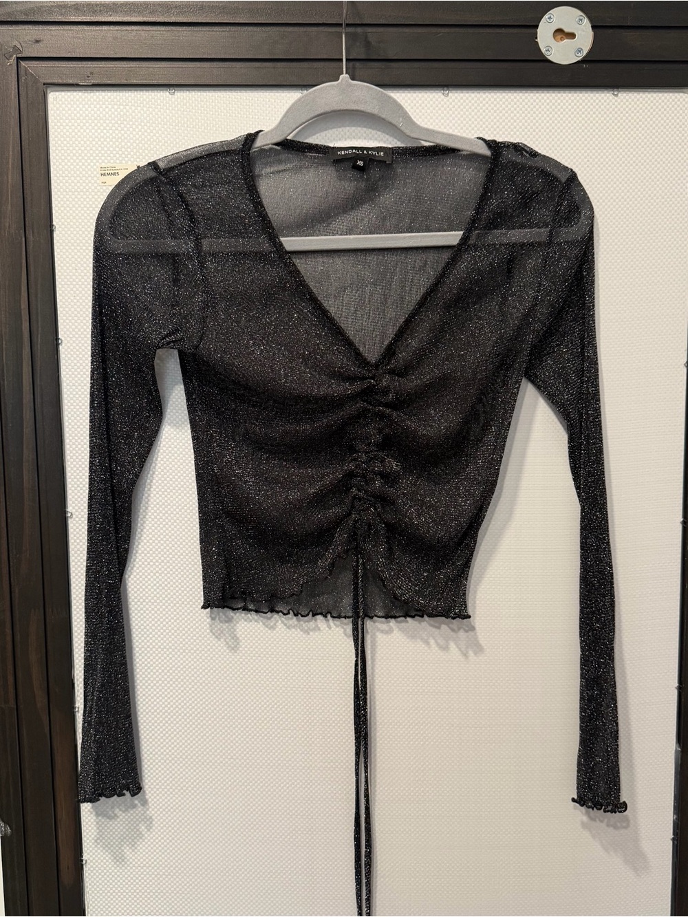 Kendall & Kylie Sparkle Black Ruched Long-Sleeve V-Neck Top